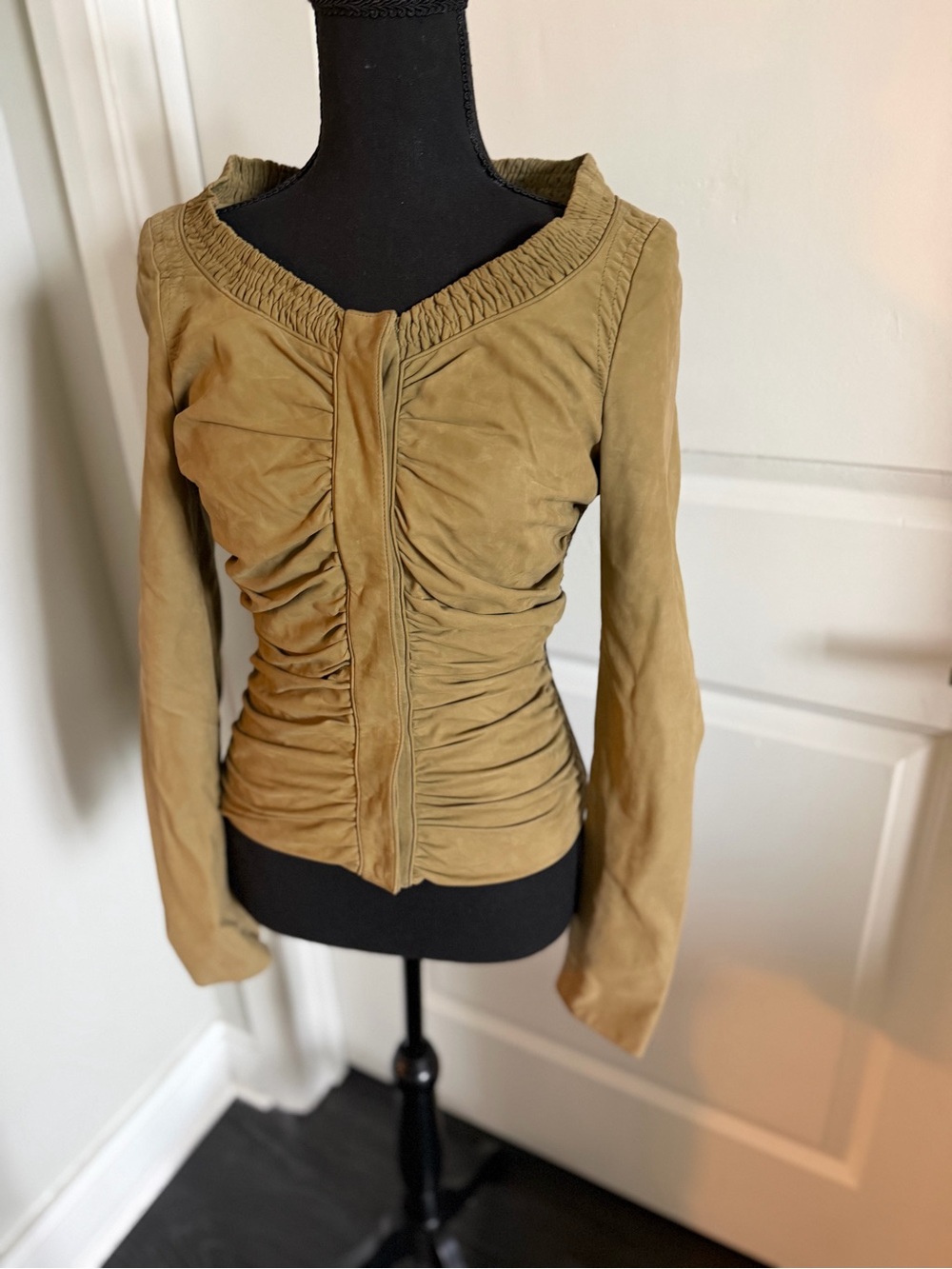 Gucci Ruched Front Leather Jacket in Olive
